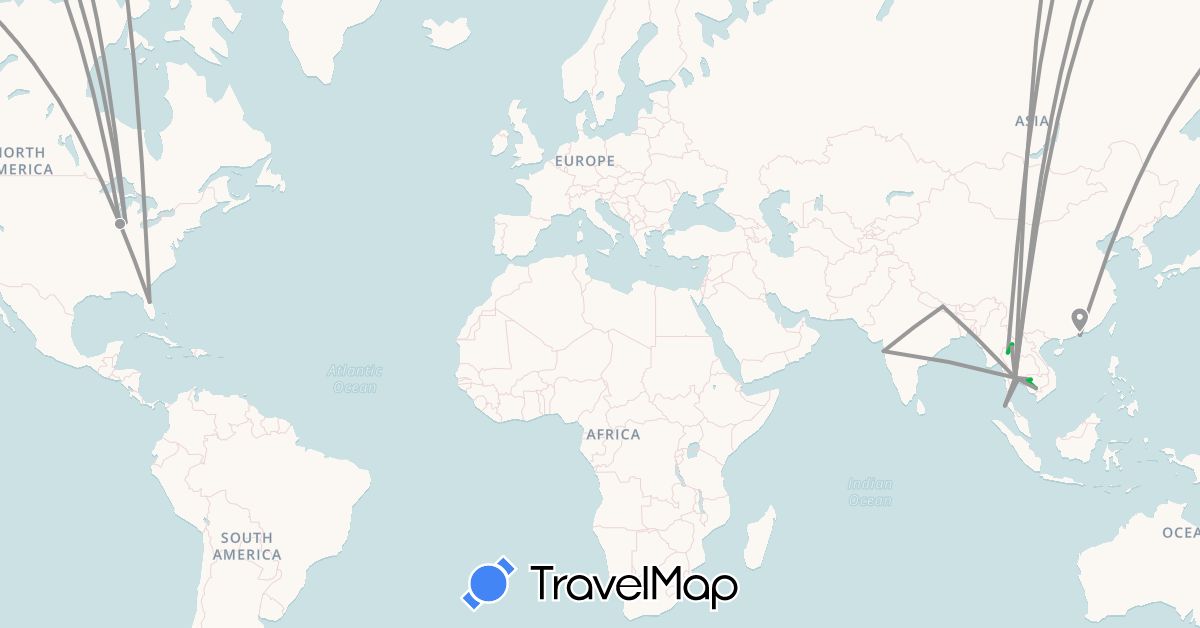 TravelMap itinerary: driving, bus, plane in Hong Kong, India, Cambodia, Nepal, Thailand, United States (Asia, North America)